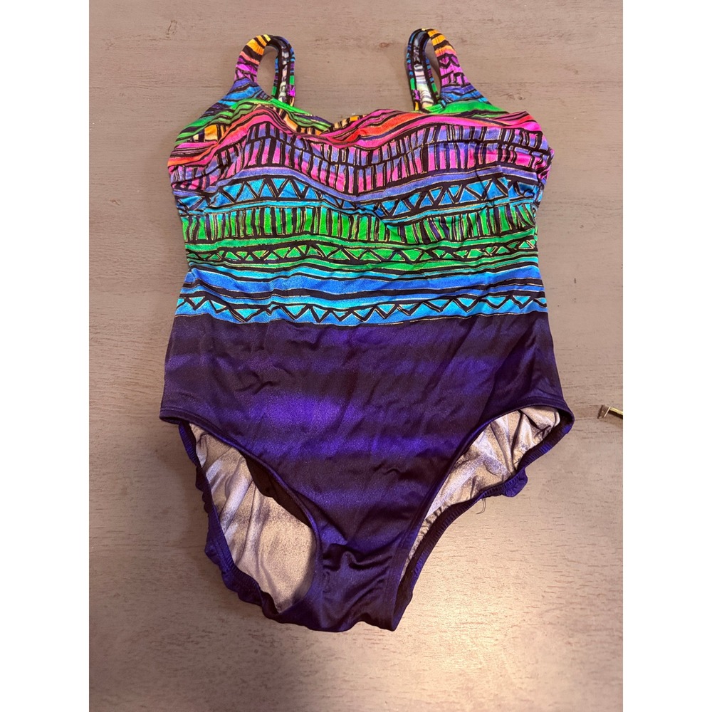 Le Cove Womens Neon Rainbow Tribal Geometric One Piece Swimsuit Purple Size 16